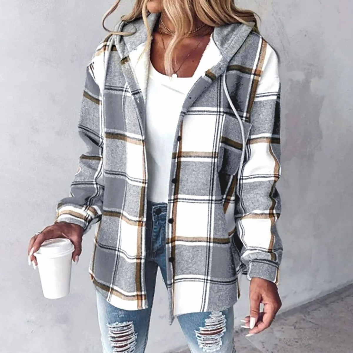 Women’s relaxed-fit plaid winter jacket with adjustable drawstring hood by Homixa, featuring a cozy, stylish plaid design and casual fit.