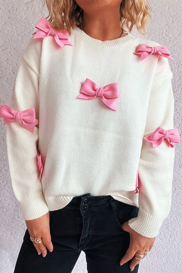 Women's relaxed-fit ribbed knit bow crewneck sweater with long sleeves by Homixa, featuring a cozy, casual design.