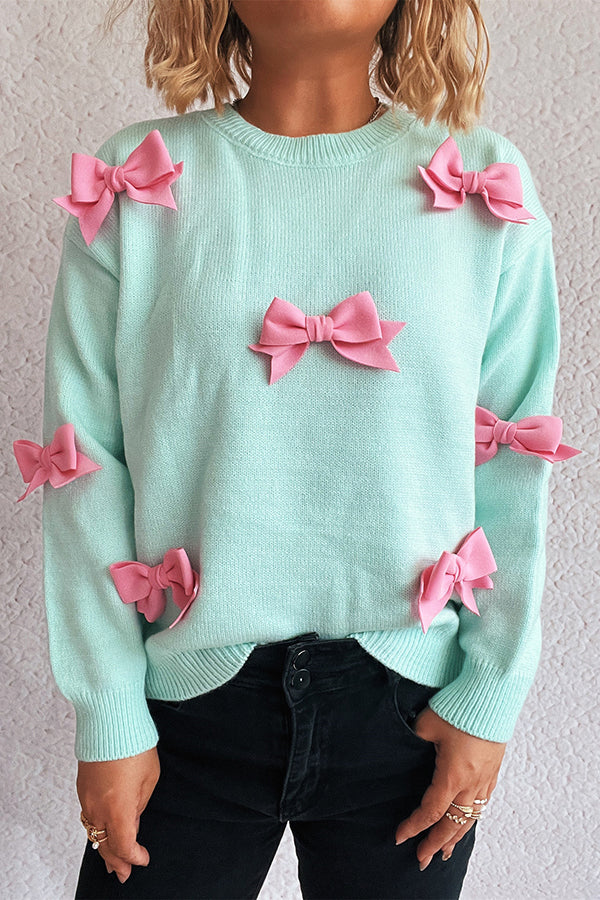 Women's relaxed-fit ribbed-knit bow crewneck sweater with long sleeves by Homixa, featuring a cozy and stylish design.