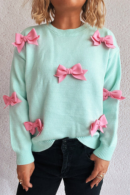 Women's relaxed-fit ribbed-knit bow crewneck sweater with long sleeves by Homixa, featuring a cozy and stylish design.