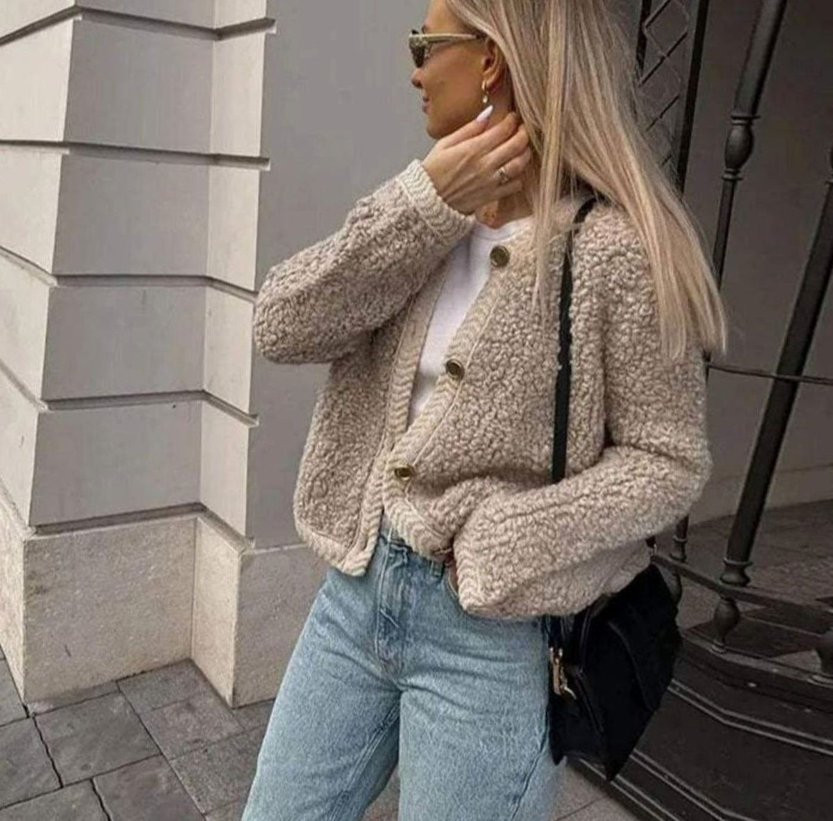 Women's relaxed-fit teddy cardigan by Homixa featuring gold buttons and a soft textured finish, ideal for casual wear.