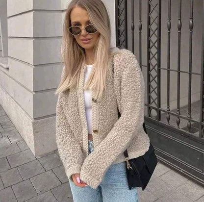 Women's relaxed-fit teddy cardigan by Homixa featuring gold buttons and a soft textured finish, perfect for casual wear.