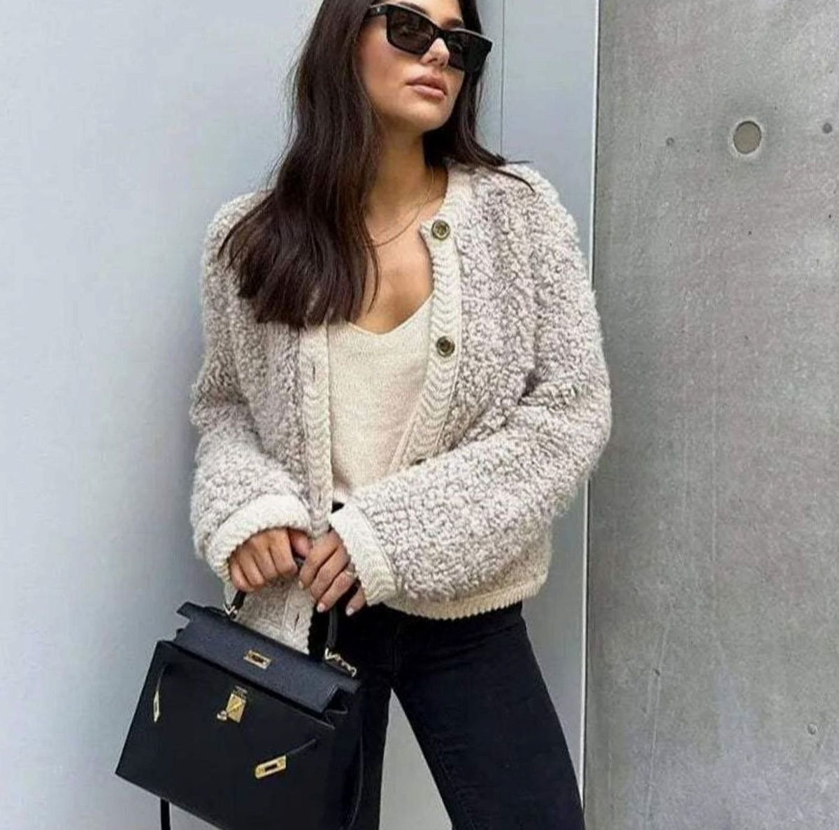 Women's relaxed-fit teddy cardigan by Homixa featuring gold buttons and soft textured finish, ideal for casual wear.