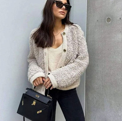 Women's relaxed-fit teddy cardigan by Homixa featuring gold buttons and soft textured finish, ideal for casual wear.