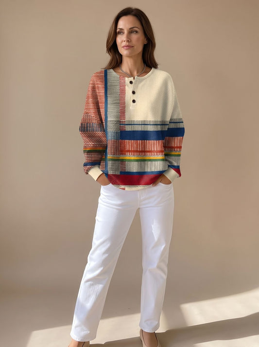Women's relaxed-fit waffle-knit color-block sweater by Homixa featuring a short button-neck placket and cozy texture.