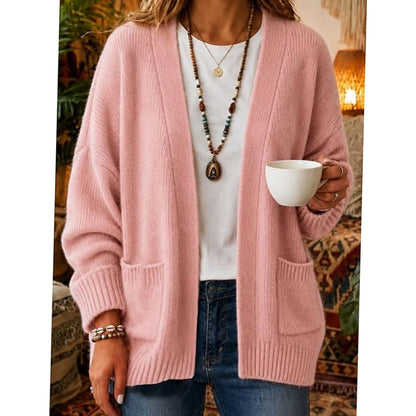 Women's relaxed open-front knit cardigan by Homixa with two front pockets and a V-neckline, perfect for casual layering.