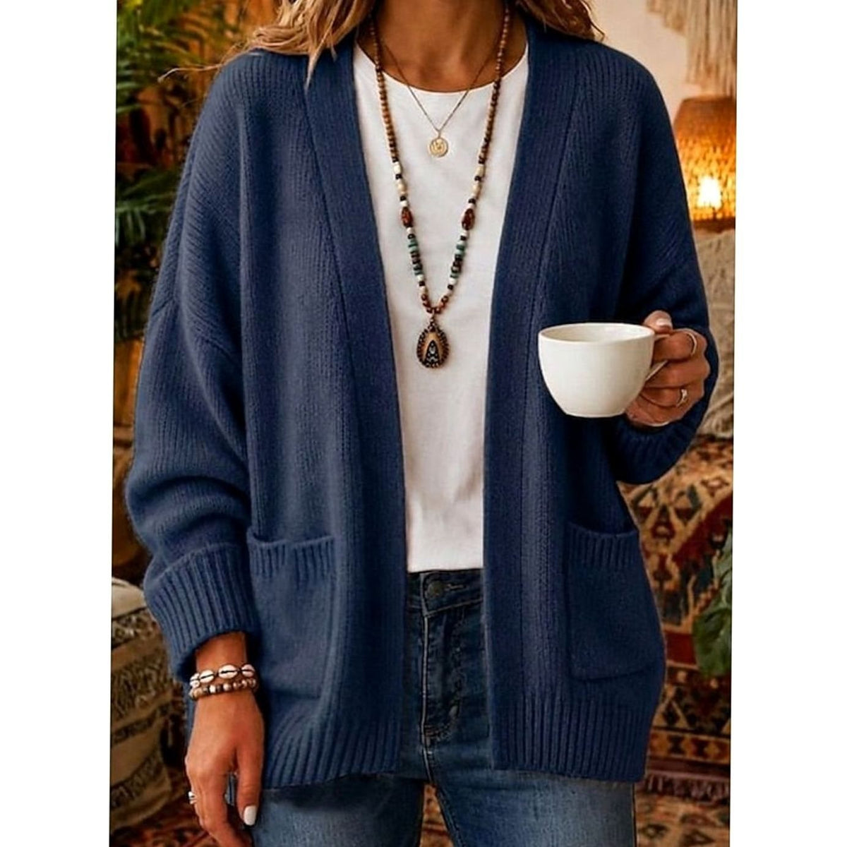Women's relaxed open-front Homixa knit cardigan with two front pockets and a V-neckline, casual and comfortable for everyday wear.