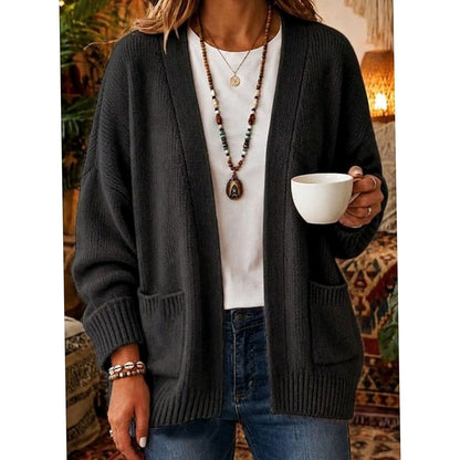 Women's relaxed open-front knit cardigan by Homixa with two front pockets and a V-neckline, perfect for casual wear.