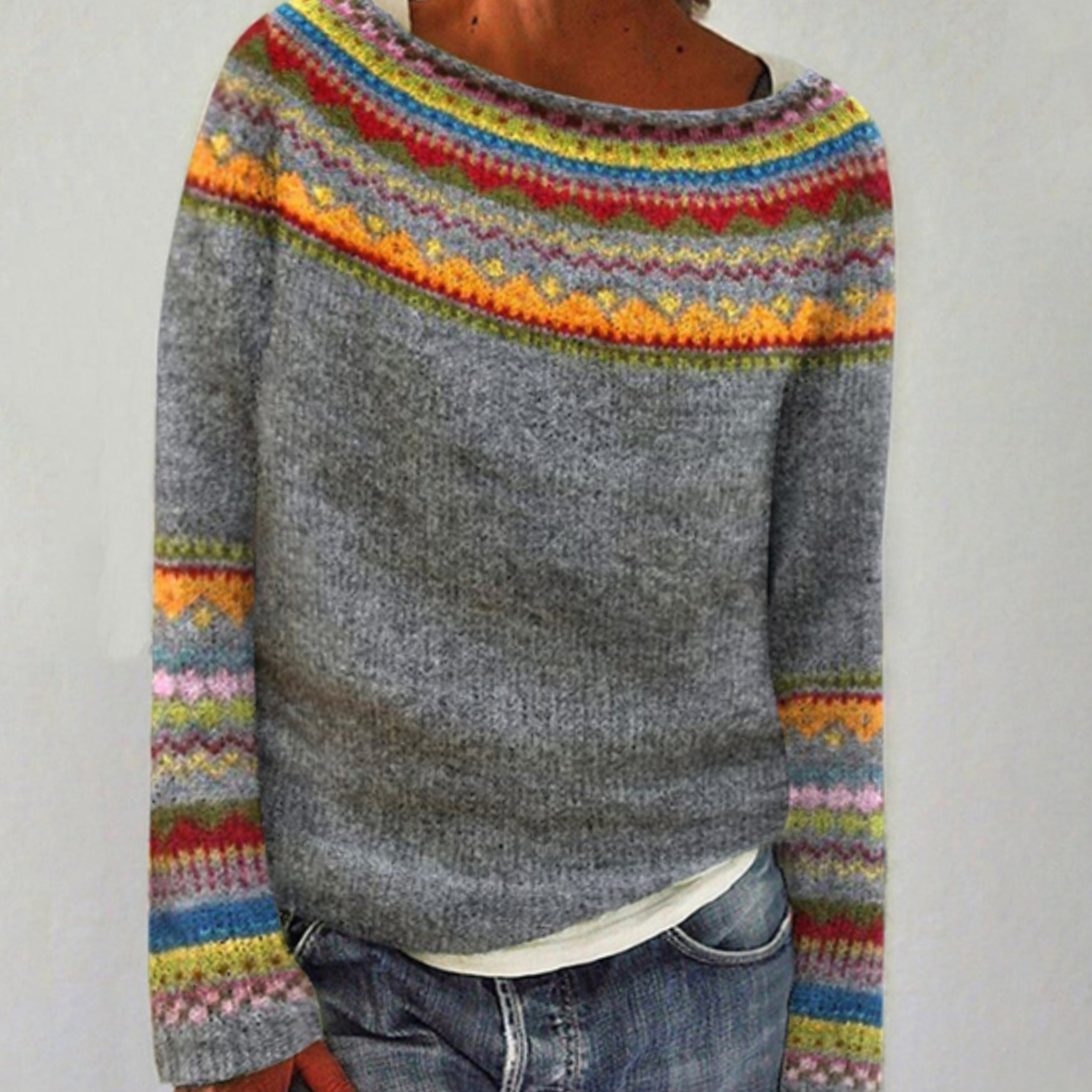 Women's Homixa retro Fair-Isle knit crew-neck sweater with long sleeves and soft, cozy fabric, featuring colorful traditional patterns.