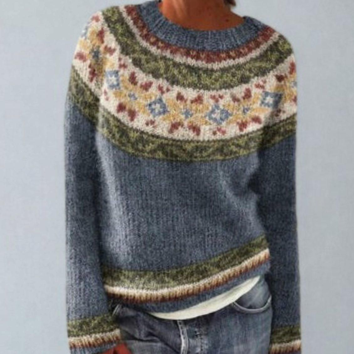 Women's Retro Fair-Isle Knit Crew-Neck Sweater by Homixa featuring long sleeves and a soft, cozy feel.