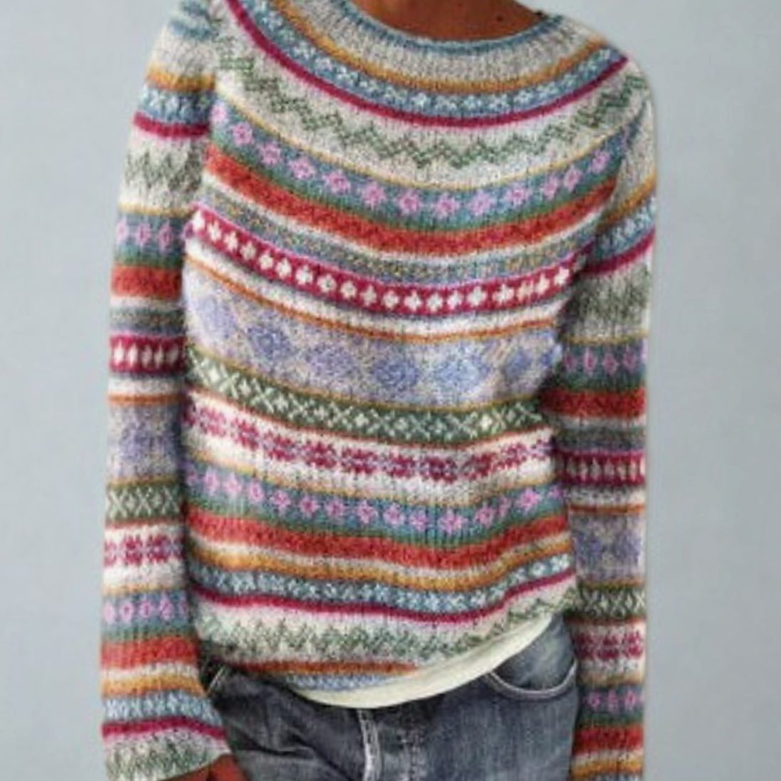 Women's retro Fair-Isle knit crew-neck sweater by Homixa featuring long sleeves and a soft, cozy feel.