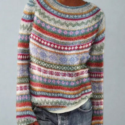 Women's retro Fair-Isle knit crew-neck sweater by Homixa featuring long sleeves and a soft, cozy feel.