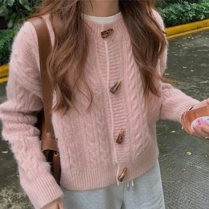 Women's retro ribbed-knit cardigan by Homixa featuring toggle buttons and a relaxed fit, shown in a front view.