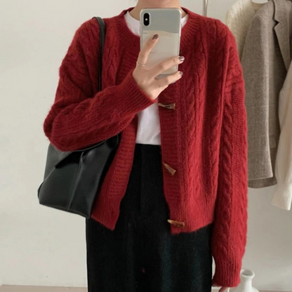 Homixa women's retro ribbed-knit sweater with toggle-button front and relaxed fit, showcasing cozy, stylish knitwear.