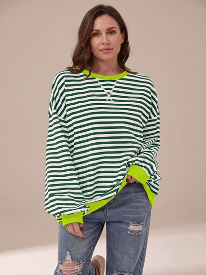 Women's oversized striped crew-neck sweatshirt with contrast trim by Homixa, featuring a retro-inspired design and relaxed fit.