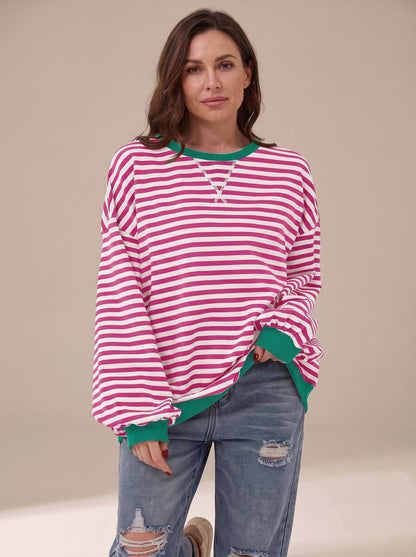 Women's Homixa retro striped oversized crew-neck sweatshirt with contrast trim, featuring bold horizontal stripes and a relaxed fit.