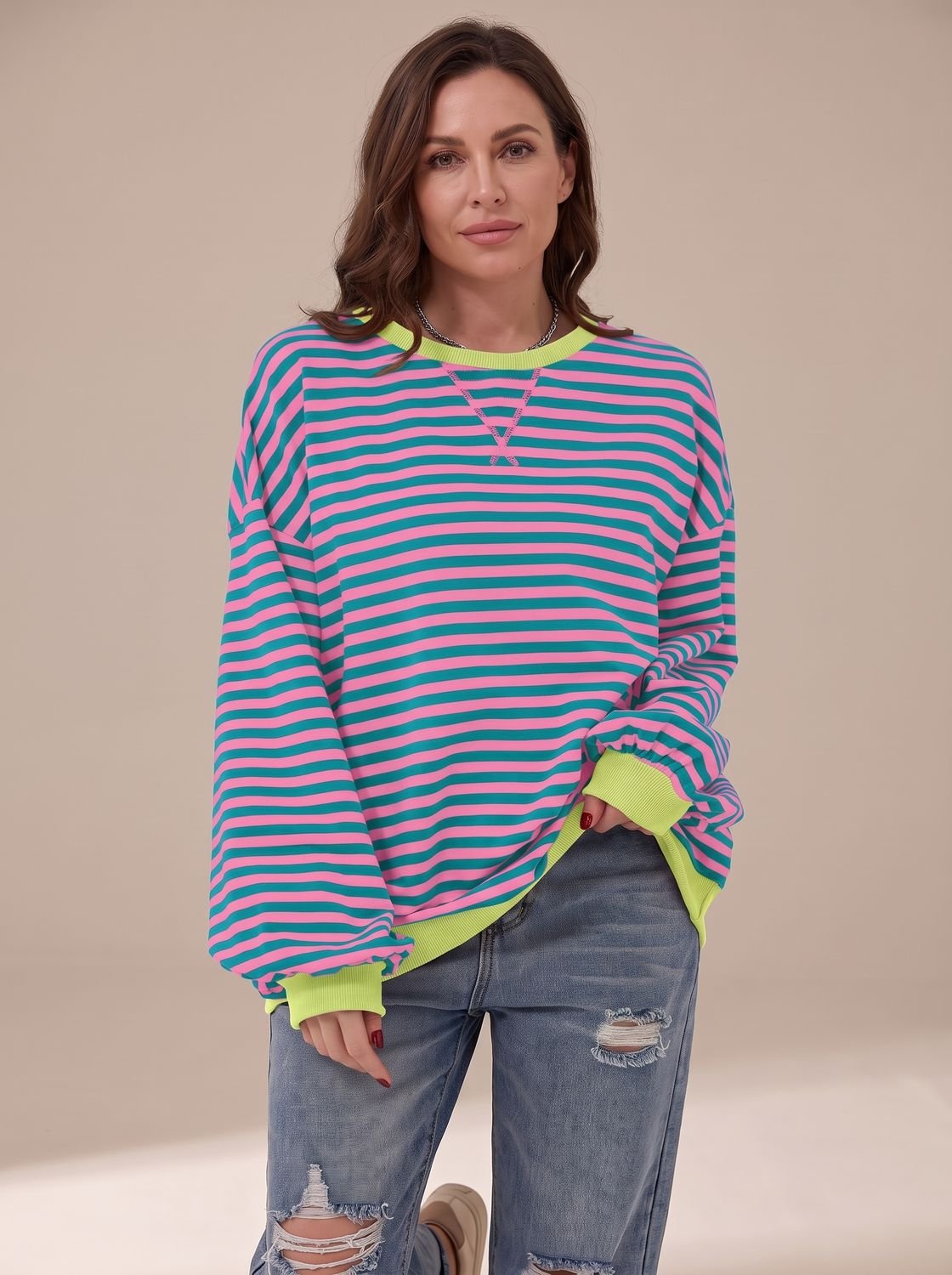 Women's retro striped oversized crew-neck sweatshirt with contrast trim by Homixa, featuring bold horizontal stripes and relaxed fit.