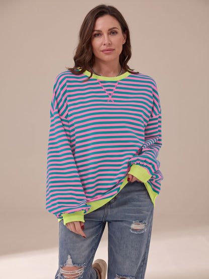 Women's retro striped oversized crew-neck sweatshirt with contrast trim by Homixa, featuring bold horizontal stripes and relaxed fit.