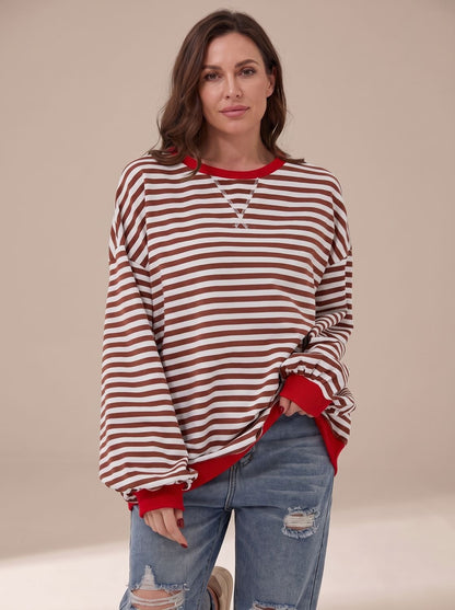 Women’s retro striped oversized crew-neck sweatshirt by Homixa with contrast trim, featuring bold horizontal stripes and comfortable fit.
