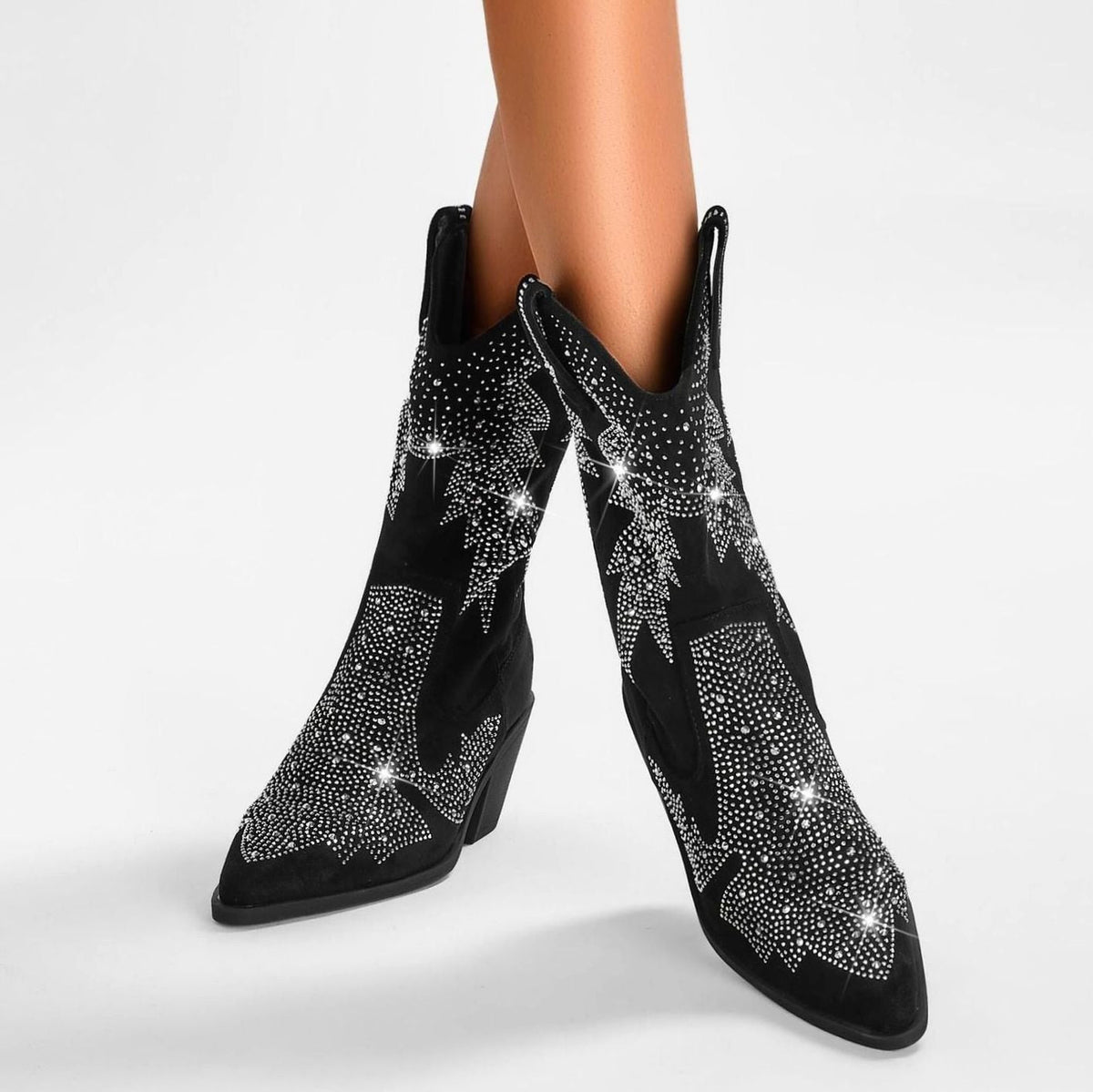 Women's Rhinestone Cowboy Boots by Homixa with star motif, all-over rhinestones, and sturdy block heel featuring intricate western design.