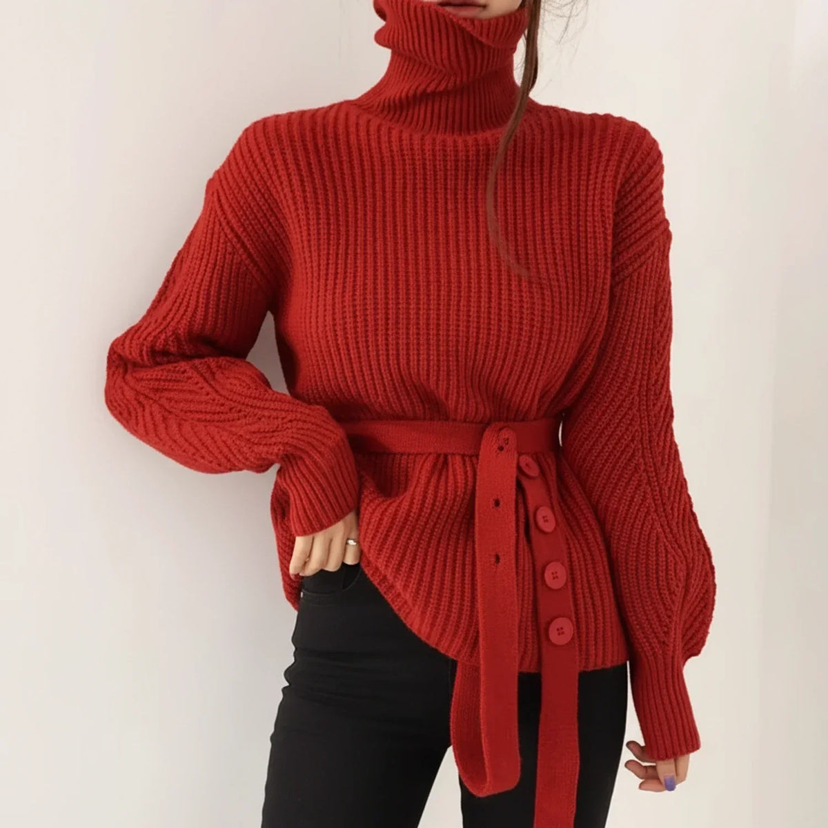 Women’s ribbed-knit turtleneck sweater with long sleeves and wide waist belt, in a cozy sweater from Homixa.