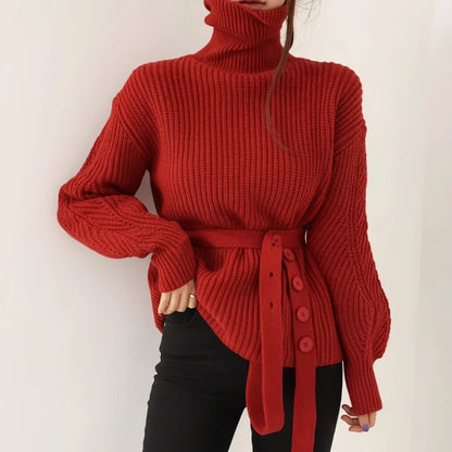 Women’s ribbed-knit turtleneck sweater with long sleeves and wide waist belt, in a cozy sweater from Homixa.