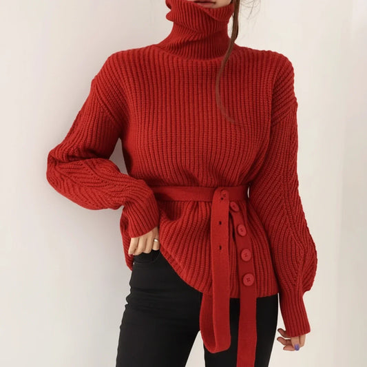 Women’s ribbed-knit turtleneck sweater with long sleeves and wide waist belt, in a cozy sweater from Homixa.