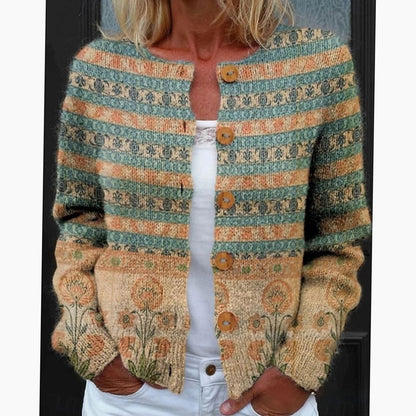 Women's floral cardigan by Homixa featuring a round neck, knit fabric, button-front closure, and colorful floral pattern.