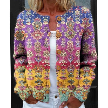 Women's floral cardigan by Homixa featuring round neck, knit fabric, and button-front closure, displayed on a model.