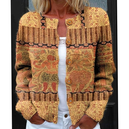 Women's floral cardigan by Homixa featuring round neck, knit fabric, button-front closure, and colorful floral pattern.