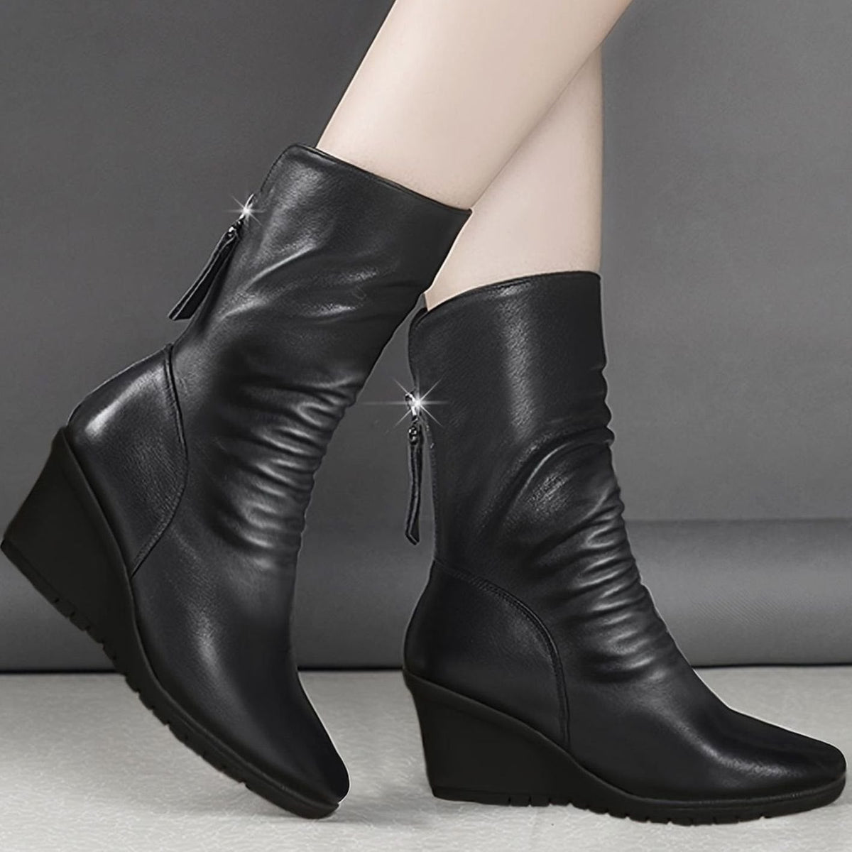 Homixa women's faux-leather wedge winter boots with side zipper and mid-calf shaft, featuring ruched design and sturdy wedge heel.