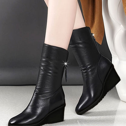 Women's faux-leather wedge winter boots with side zip, ruched design, and mid-calf shaft by Homixa.