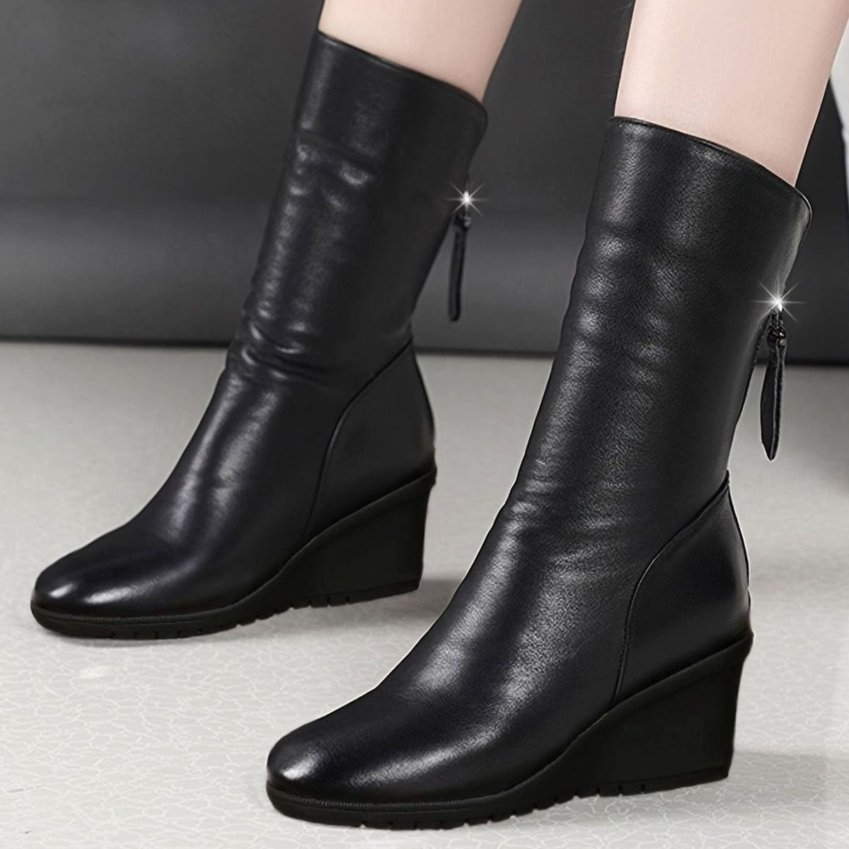 Women's faux-leather wedge winter boots with side zipper, ruched design, mid-calf shaft, by Homixa.
