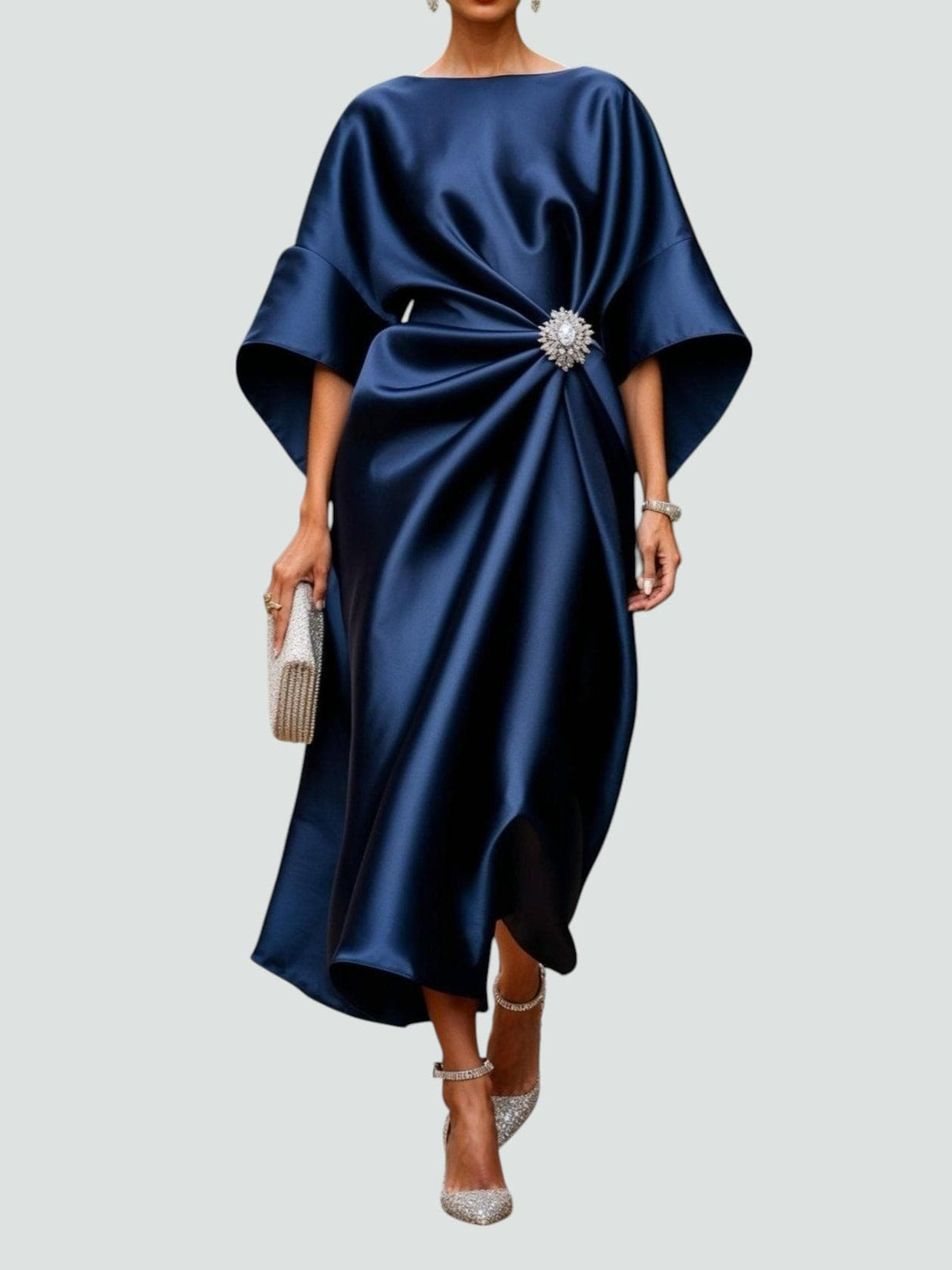 Elegant women's satin evening dress by Homixa featuring twisted design and gemstone embellishments, perfect for formal occasions.