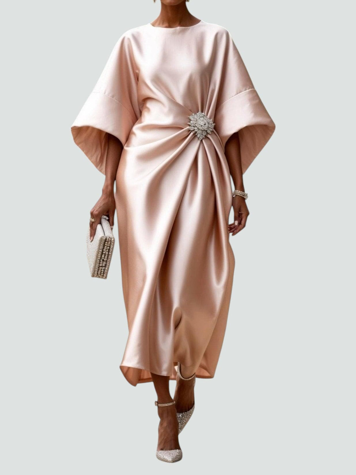 Elegant women's satin evening dress by Homixa featuring twisted design and gemstone embellishments, perfect for formal occasions.