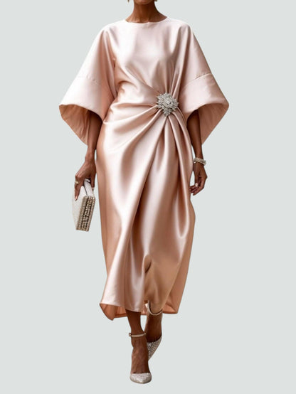 Elegant women's satin evening dress by Homixa featuring twisted design and gemstone embellishments, perfect for formal occasions.