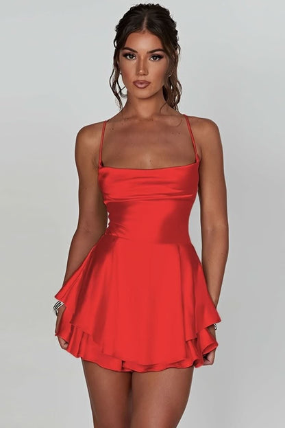 Women's satin-finish backless mini cocktail dress with square neckline and ruffled skirt by Homixa.