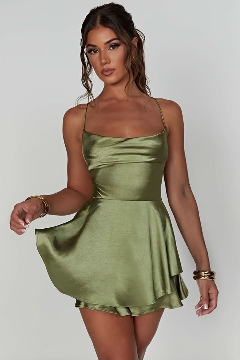 Women's satin-finish backless mini cocktail dress with square neckline and ruffled skirt by Homixa, displayed on a mannequin.