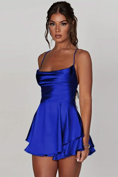 Women’s satin-finish backless mini cocktail dress with square neckline and ruffled skirt by Homixa, shown on a model.