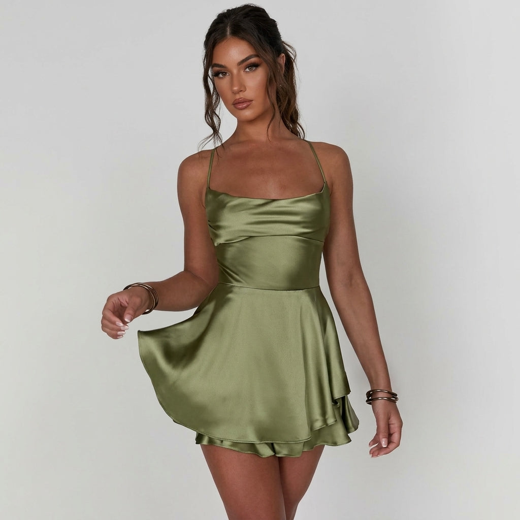 Women's satin-finish backless mini cocktail dress with square neckline and ruffled skirt by Homixa, shown from the front.