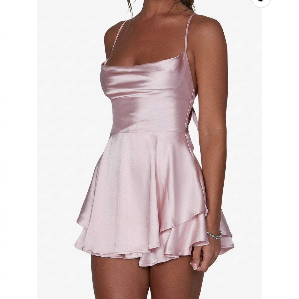 Women's satin-finish backless mini cocktail dress with square neckline and ruffled skirt by Homixa, perfect for elegant occasions.