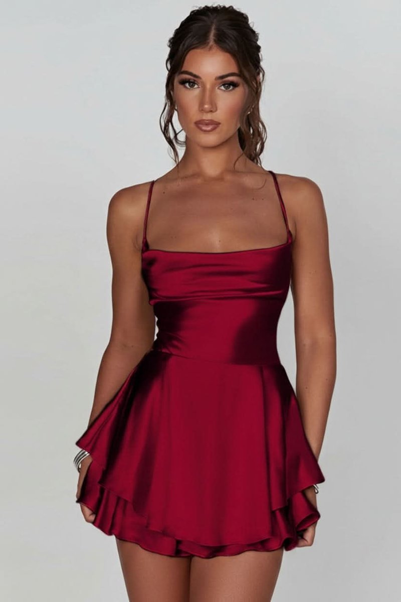 Women’s satin-finish backless mini cocktail dress with square neckline and ruffled skirt by Homixa. Elegant evening wear.