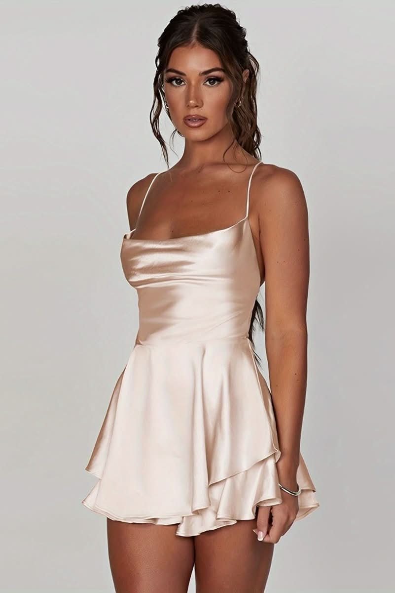 Women's satin mini cocktail dress by Homixa featuring a square neckline, ruffled backless design, and fine straps.