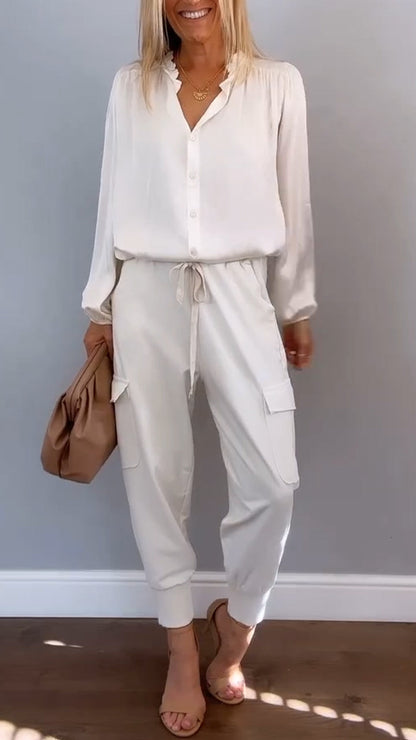 Women's satin two-piece set by Homixa featuring a V-neck button blouse and elastic-waist pants, perfect for stylish comfort.