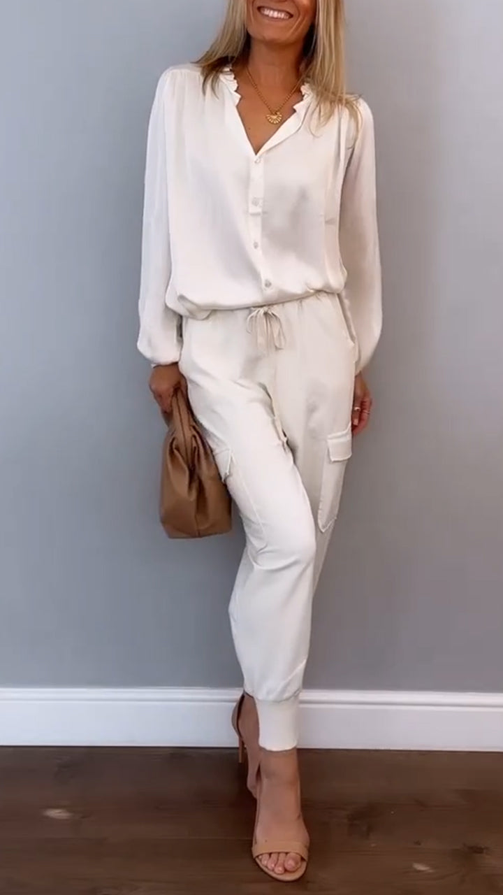 Women's satin two-piece set by Homixa featuring a V-neck button blouse and elastic-waist pants, stylish and comfortable.