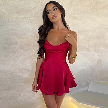 Women's satin wrap V-neck backless mini dress with pleated skirt, designed by Homixa, perfect for stylish evening occasions.