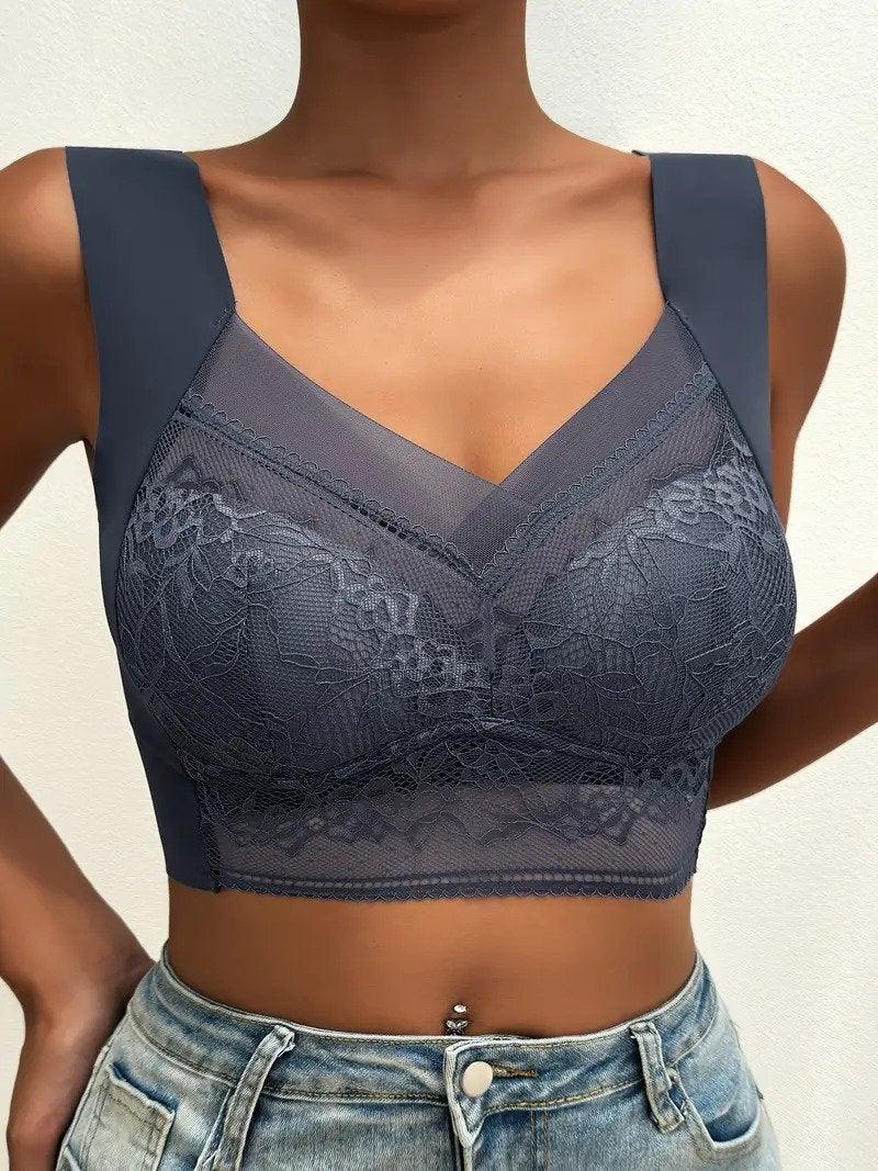 Lunirel women's seamless wire-free bra with lace overlay, full coverage, and invisible design for comfortable everyday wear.