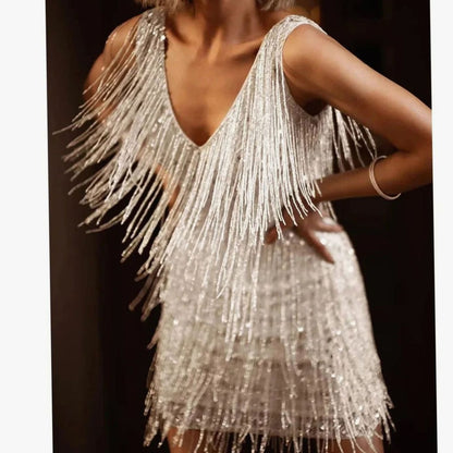 Women's sequin fringe cocktail dress by Homixa featuring an A-line silhouette and mini length, perfect for evening events.