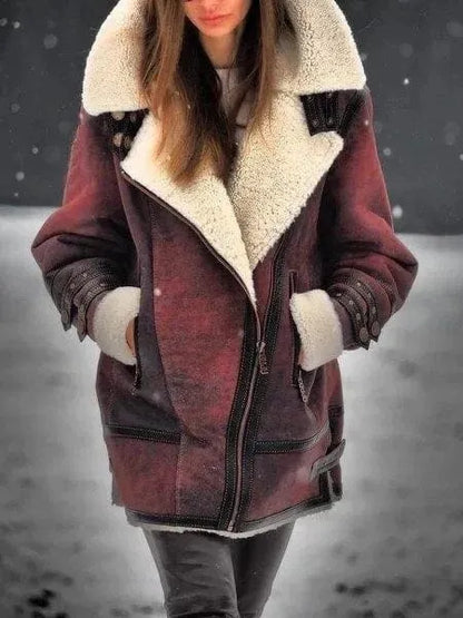 Women's Sherpa jacket by Homixa featuring an oversized plush collar, zip front, and turnback cuffs, perfect for cozy winter wear.