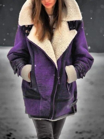 Homixa women's sherpa jacket with oversized plush collar, zip front, and turnback cuffs showcasing soft, cozy fabric and stylish design.